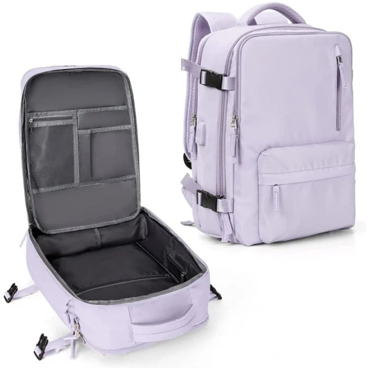 "Wasserdichter Damenreise-Rucksack mit USB-Anschluss, 35L Volumen, in Blau mit gepolsterten Gurten und Sicherheitsfach."