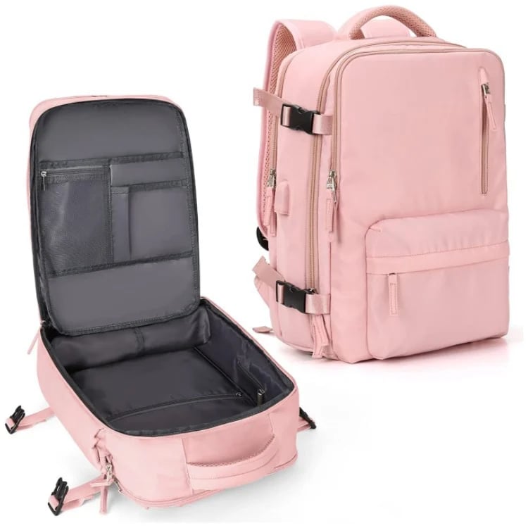 "Wasserdichter Damenreise-Rucksack mit USB-Anschluss, 35L Volumen, in Blau mit gepolsterten Gurten und Sicherheitsfach."