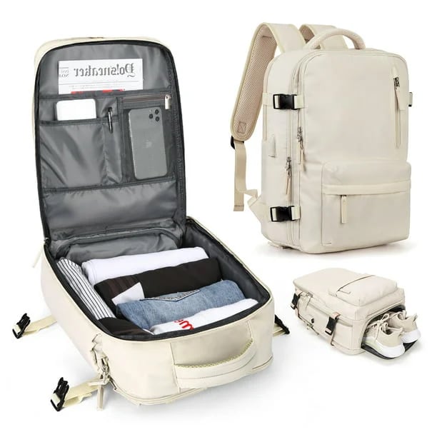 "Wasserdichter Damenreise-Rucksack mit USB-Anschluss, 35L Volumen, in Blau mit gepolsterten Gurten und Sicherheitsfach."