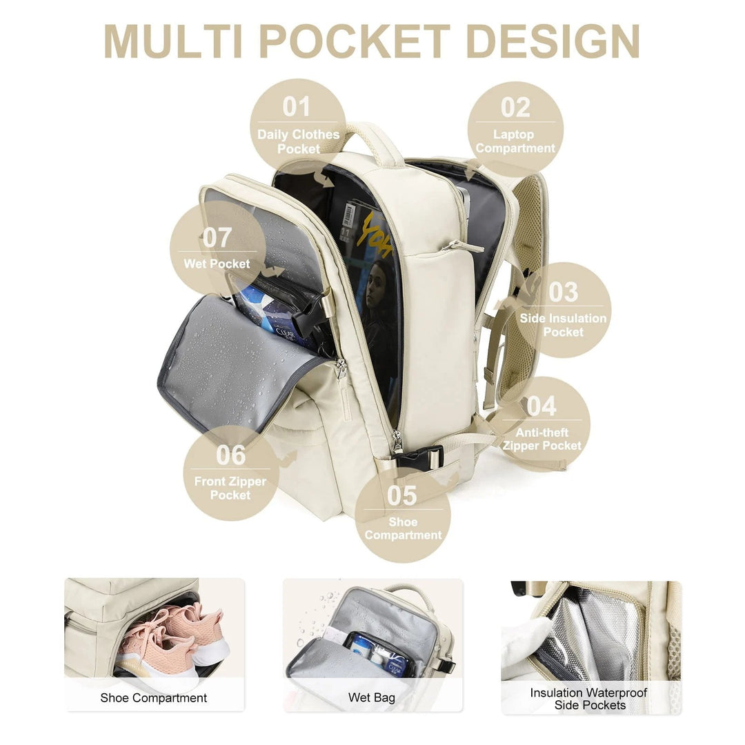 "Wasserdichter Damenreise-Rucksack mit USB-Anschluss, 35L Volumen, in Blau mit gepolsterten Gurten und Sicherheitsfach."