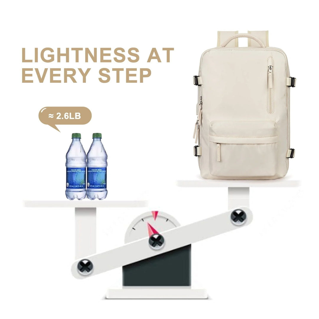 "Wasserdichter Damenreise-Rucksack mit USB-Anschluss, 35L Volumen, in Blau mit gepolsterten Gurten und Sicherheitsfach."