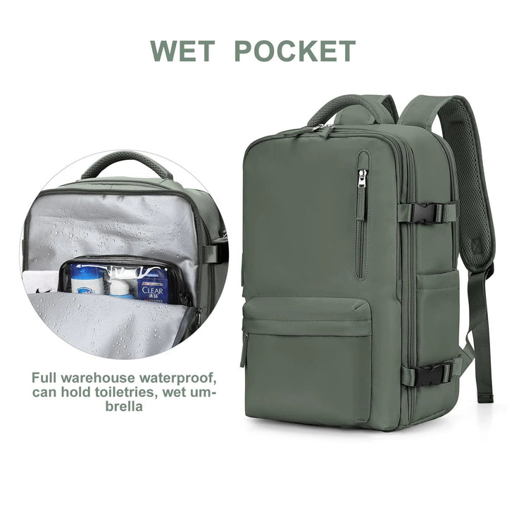 "Wasserdichter Damenreise-Rucksack mit USB-Anschluss, 35L Volumen, in Blau mit gepolsterten Gurten und Sicherheitsfach."