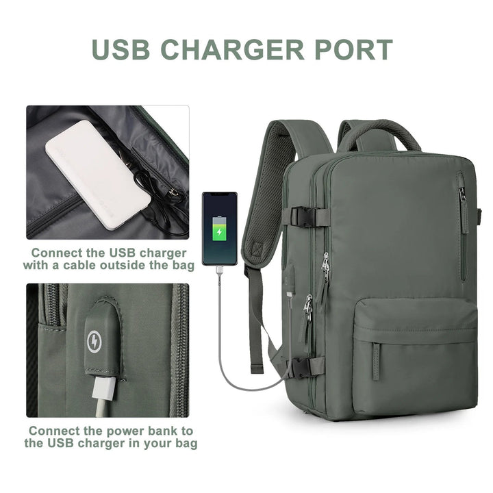 "Wasserdichter Damenreise-Rucksack mit USB-Anschluss, 35L Volumen, in Blau mit gepolsterten Gurten und Sicherheitsfach."