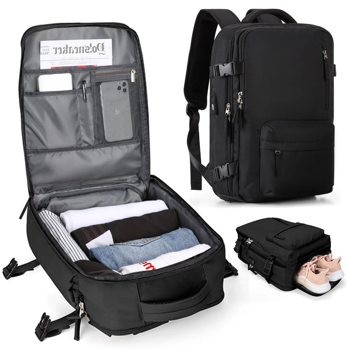"Wasserdichter Damenreise-Rucksack mit USB-Anschluss, 35L Volumen, in Blau mit gepolsterten Gurten und Sicherheitsfach."