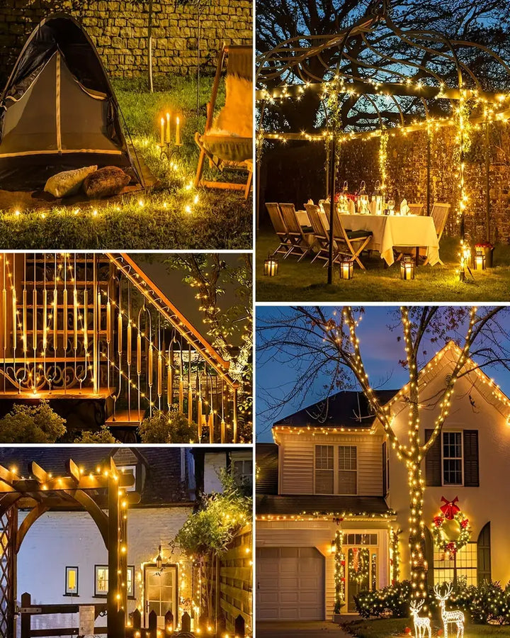 "Wasserfeste solarbetriebene Lichterkette im Garten bei Dämmerung, warme LED-Lichter, stimmungsvolle Außenbeleuchtung"