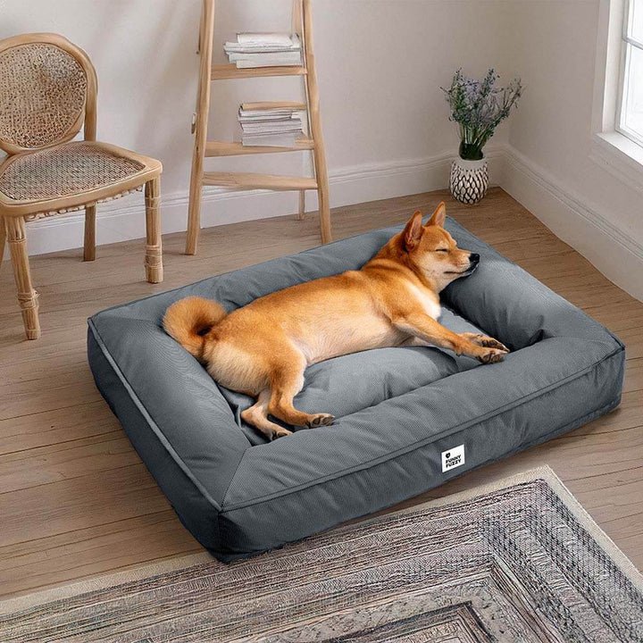 Wasserfestes Hundebett, orthopädisch, großes Modell, graues Material, mit erhöhter Kante für komfortable Kopfstütze