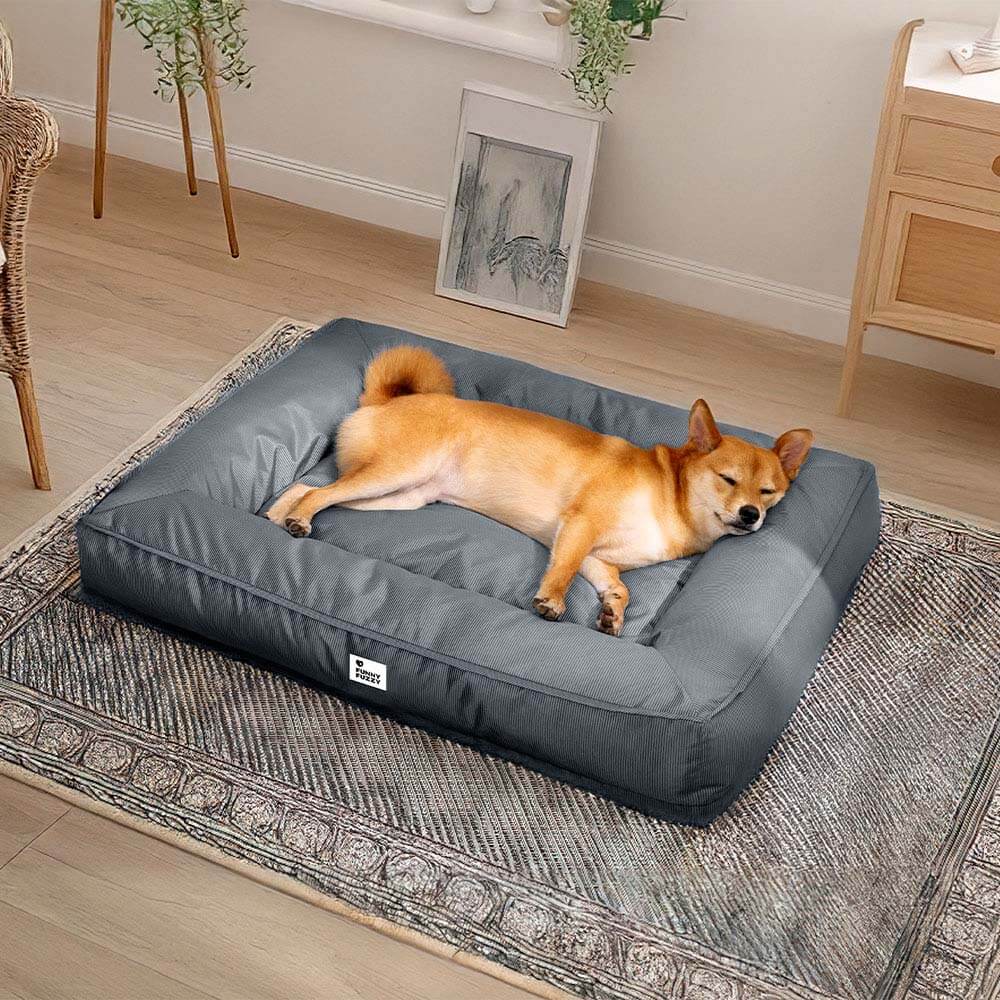 Wasserfestes Hundebett, orthopädisch, großes Modell, graues Material, mit erhöhter Kante für komfortable Kopfstütze