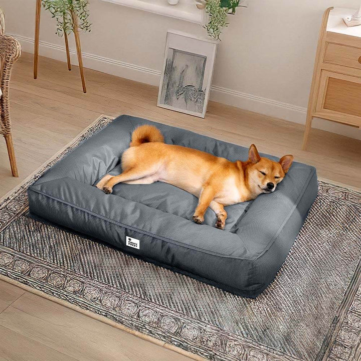 Wasserfestes Hundebett, orthopädisch, großes Modell, graues Material, mit erhöhter Kante für komfortable Kopfstütze