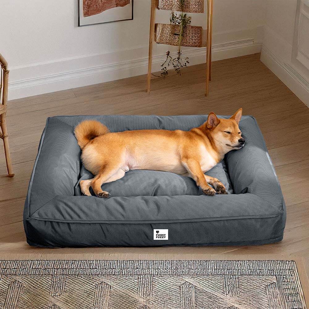 Wasserfestes Hundebett, orthopädisch, großes Modell, graues Material, mit erhöhter Kante für komfortable Kopfstütze