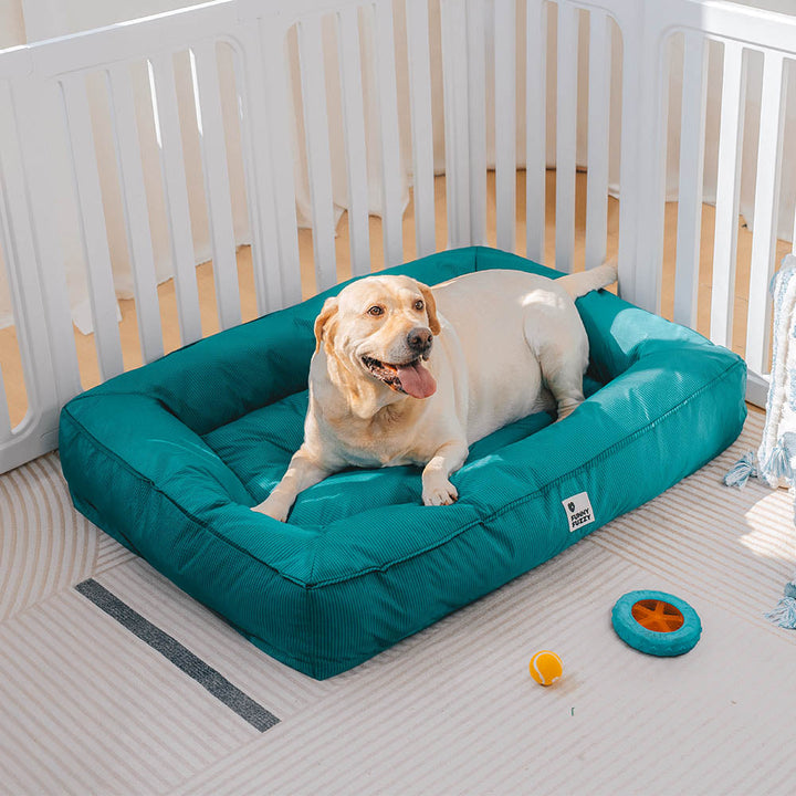 Wasserfestes Hundebett, orthopädisch, großes Modell, graues Material, mit erhöhter Kante für komfortable Kopfstütze