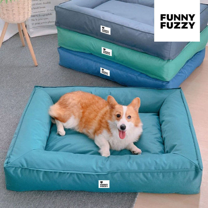 Wasserfestes Hundebett, orthopädisch, großes Modell, graues Material, mit erhöhter Kante für komfortable Kopfstütze