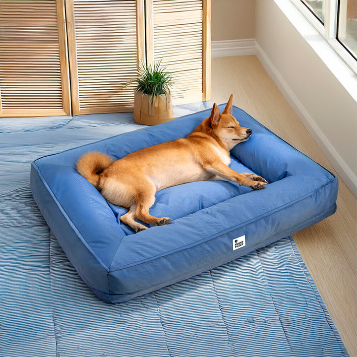 Wasserfestes Hundebett, orthopädisch, großes Modell, graues Material, mit erhöhter Kante für komfortable Kopfstütze