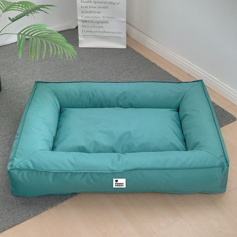 Wasserfestes Hundebett, orthopädisch, großes Modell, graues Material, mit erhöhter Kante für komfortable Kopfstütze
