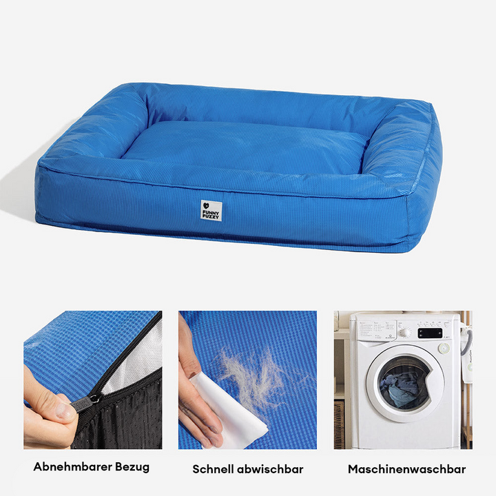 Wasserfestes Hundebett, orthopädisch, großes Modell, graues Material, mit erhöhter Kante für komfortable Kopfstütze