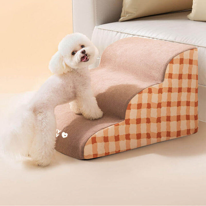 "Weiche, rutschfeste Hundetreppe aus Schaumstoff, robust und sicher, für einfachen Zugang zu Sofa oder Bett, braun und grau."