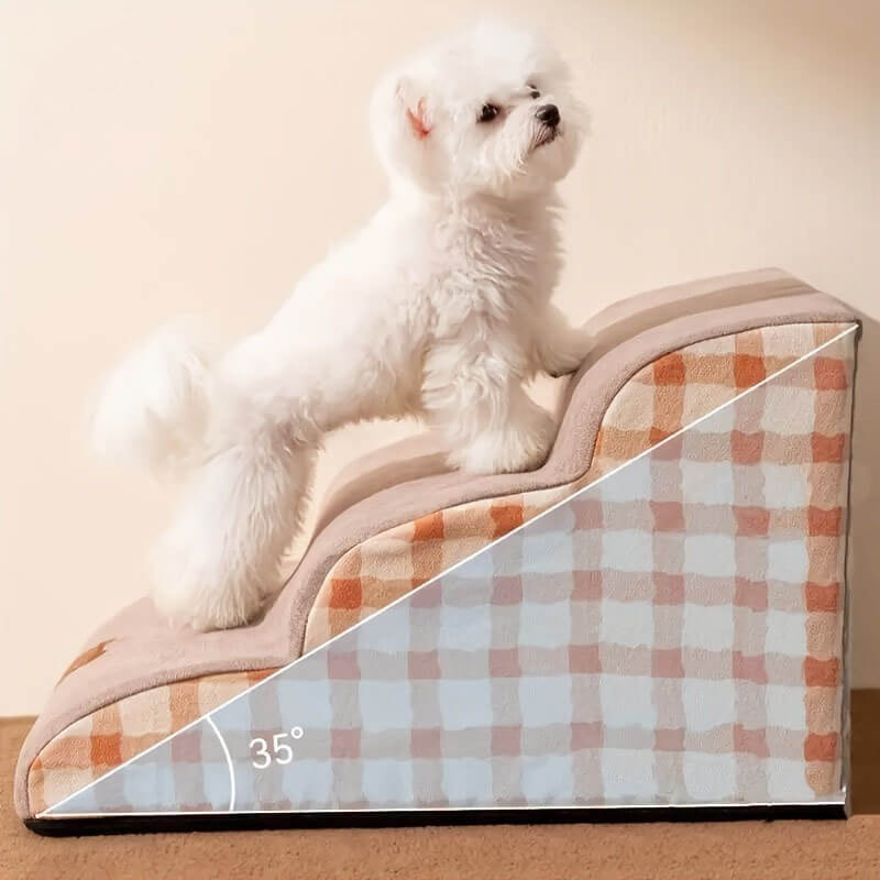 "Weiche, rutschfeste Hundetreppe aus Schaumstoff, robust und sicher, für einfachen Zugang zu Sofa oder Bett, braun und grau."
