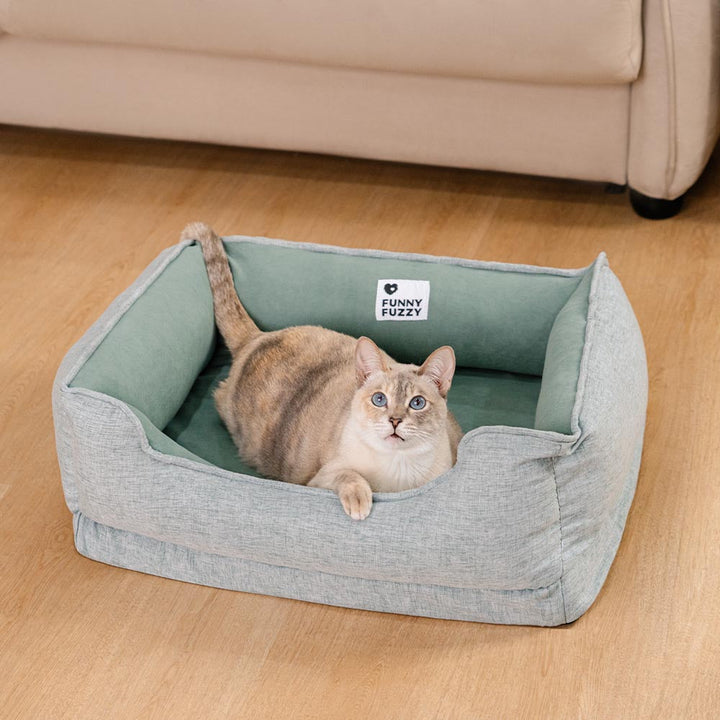 Weiches Katzenbett aus Baumwollsamt, rutschfest, waschbar, in Gelb, Grau, Grün. Rechteckige Form für höchsten Komfort.