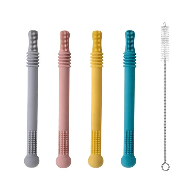 "Weiches Silikon-Beißröhrchen für Babys, sanft zum Zahnfleisch, in buntem Design, ideal für kleine Hände."