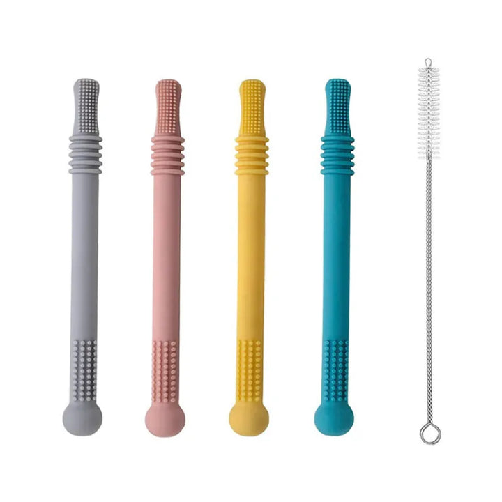 "Weiches Silikon-Beißröhrchen für Babys, sanft zum Zahnfleisch, in buntem Design, ideal für kleine Hände."