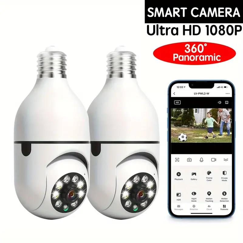 "Weiße 360° Überwachungskamera mit HD 1080p und Nachtsicht, ideal für Innen- und Außeneinsatz, wetterfest, WLAN-kompatibel."