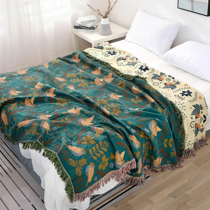 "Wendbare Vogeldecke mit Blumen- und Vogelmuster, weiche Baumwolle, skandinavisches Design, Heimdekor"