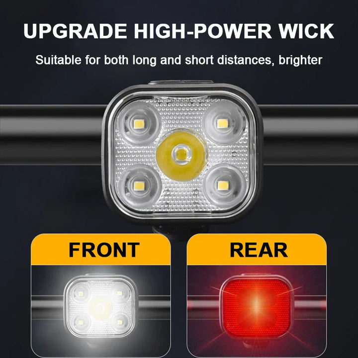 "Wiederaufladbare Fahrradlichter: Helles LED-Frontlicht und rotes Rücklicht mit 8/12 Modi, kompakt und wasserdicht."