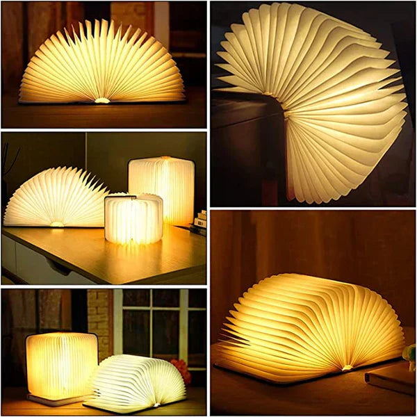 "Zusammenklappbare LED-Buchlampe in Holzoptik, entfaltet wie Märchenbuch, warmes Licht, ideal für Leselampen und Dekoration."