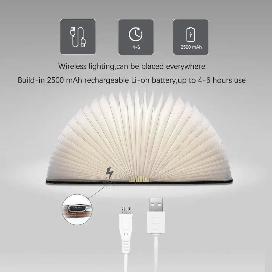 "Zusammenklappbare LED-Buchlampe in Holzoptik, entfaltet wie Märchenbuch, warmes Licht, ideal für Leselampen und Dekoration."