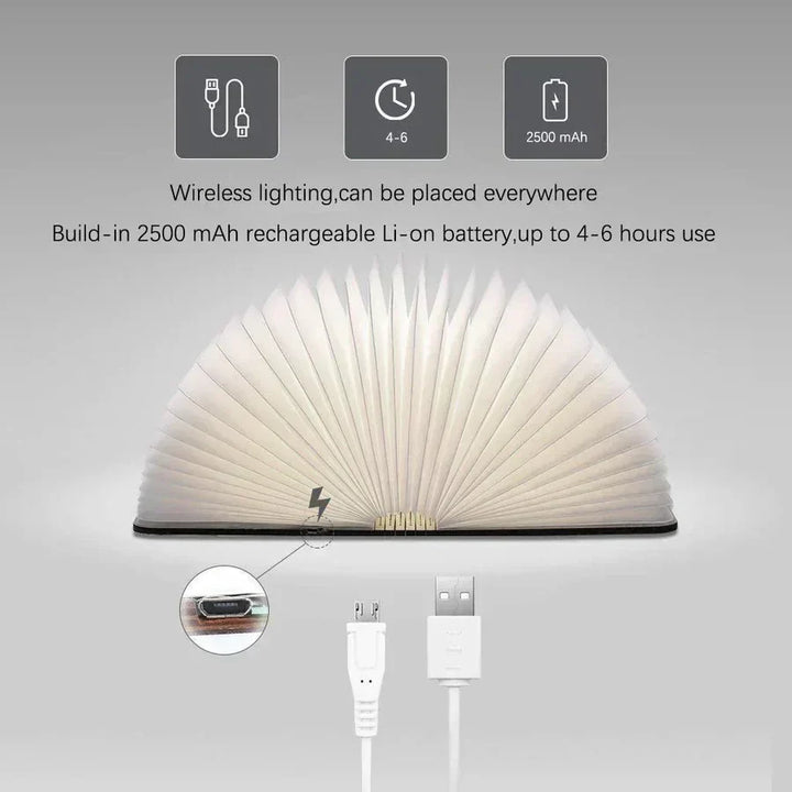 "Zusammenklappbare LED-Buchlampe in Holzoptik, entfaltet wie Märchenbuch, warmes Licht, ideal für Leselampen und Dekoration."