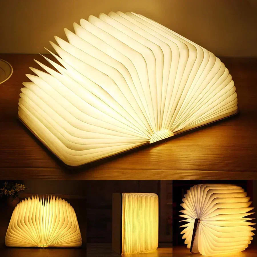"Zusammenklappbare LED-Buchlampe in Holzoptik, entfaltet wie Märchenbuch, warmes Licht, ideal für Leselampen und Dekoration."