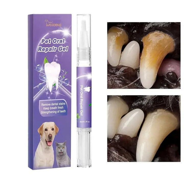 Zwei Tuben Haustier Zahn Gel für Zahnpflege, Schutz und Wiederaufbau, mit blauer und weißer Verpackung.