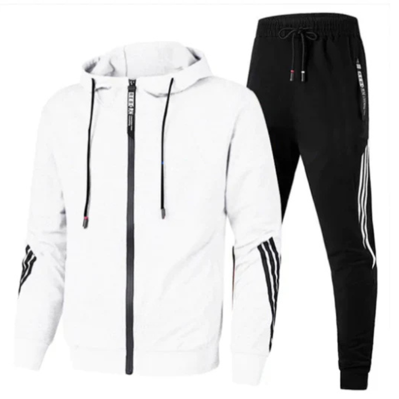 "Zweiteiliges Herren-Trainingsanzug-Set, sportlich-modern, in Schwarz mit praktischen Taschen und schlanker Passform"