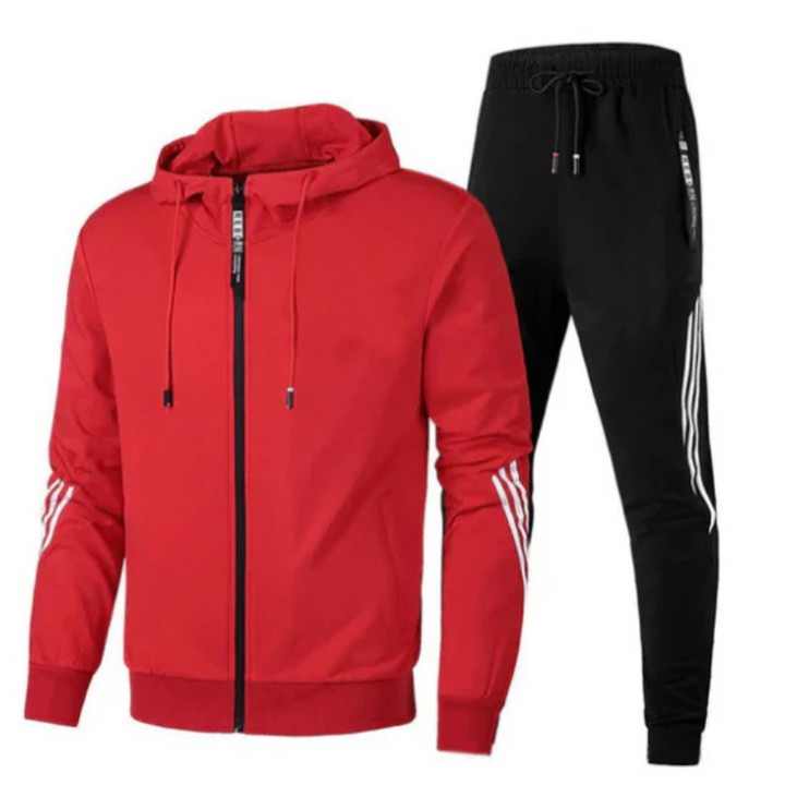 "Zweiteiliges Herren-Trainingsanzug-Set, sportlich-modern, in Schwarz mit praktischen Taschen und schlanker Passform"